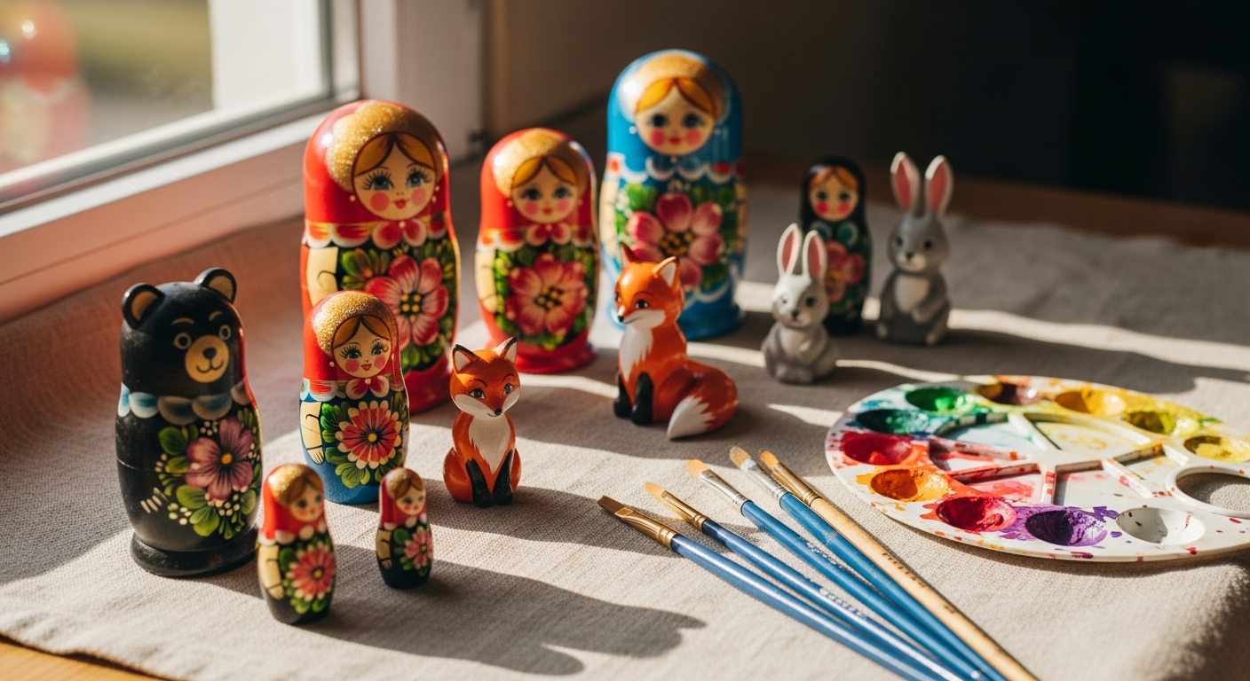 Расписные деревянные игрушки в мастерской